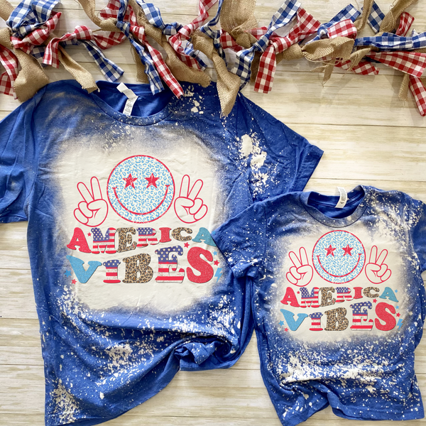 America Vibes Smiley Bleached shirt - 4th of July shirt Kids 10/12